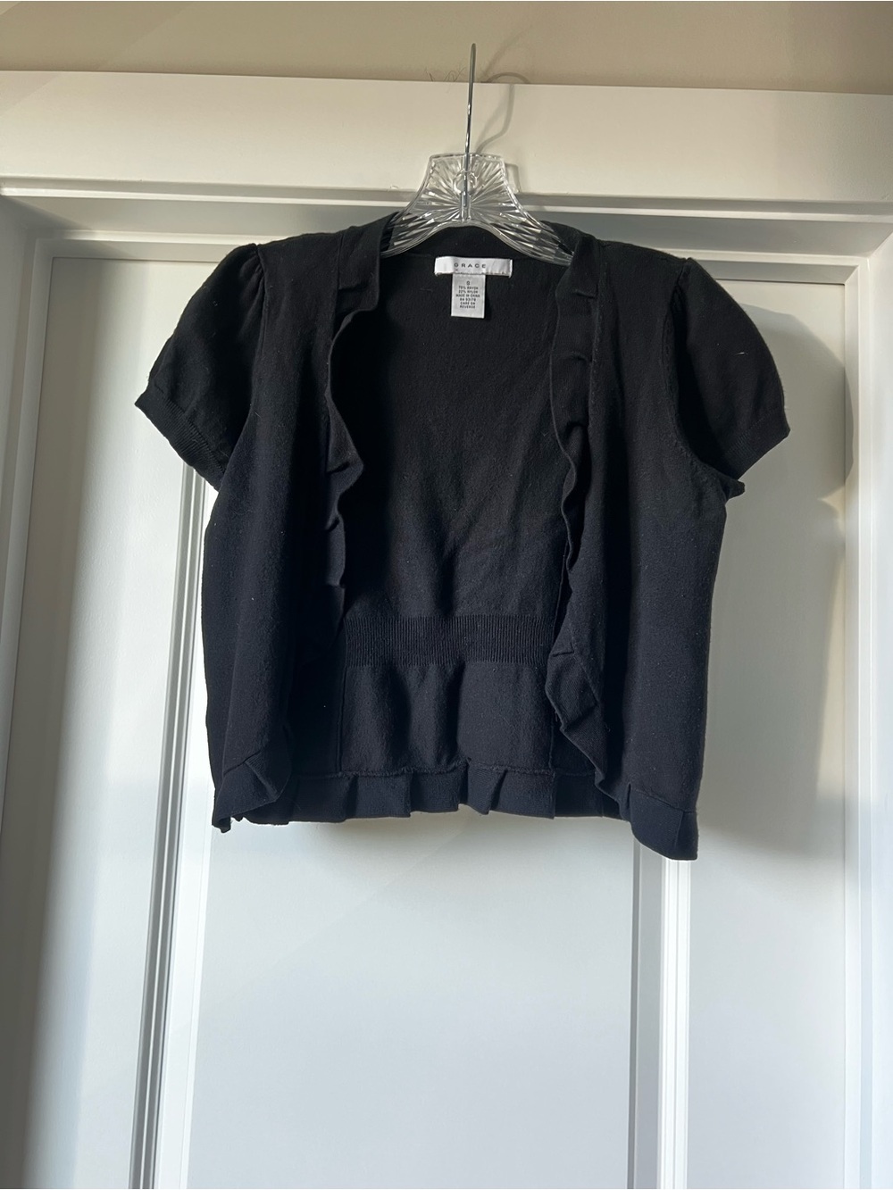 Grace Black Short-Sleeve Knit Cardigan Shrug Scalloped Edge Cropped Sweater Top